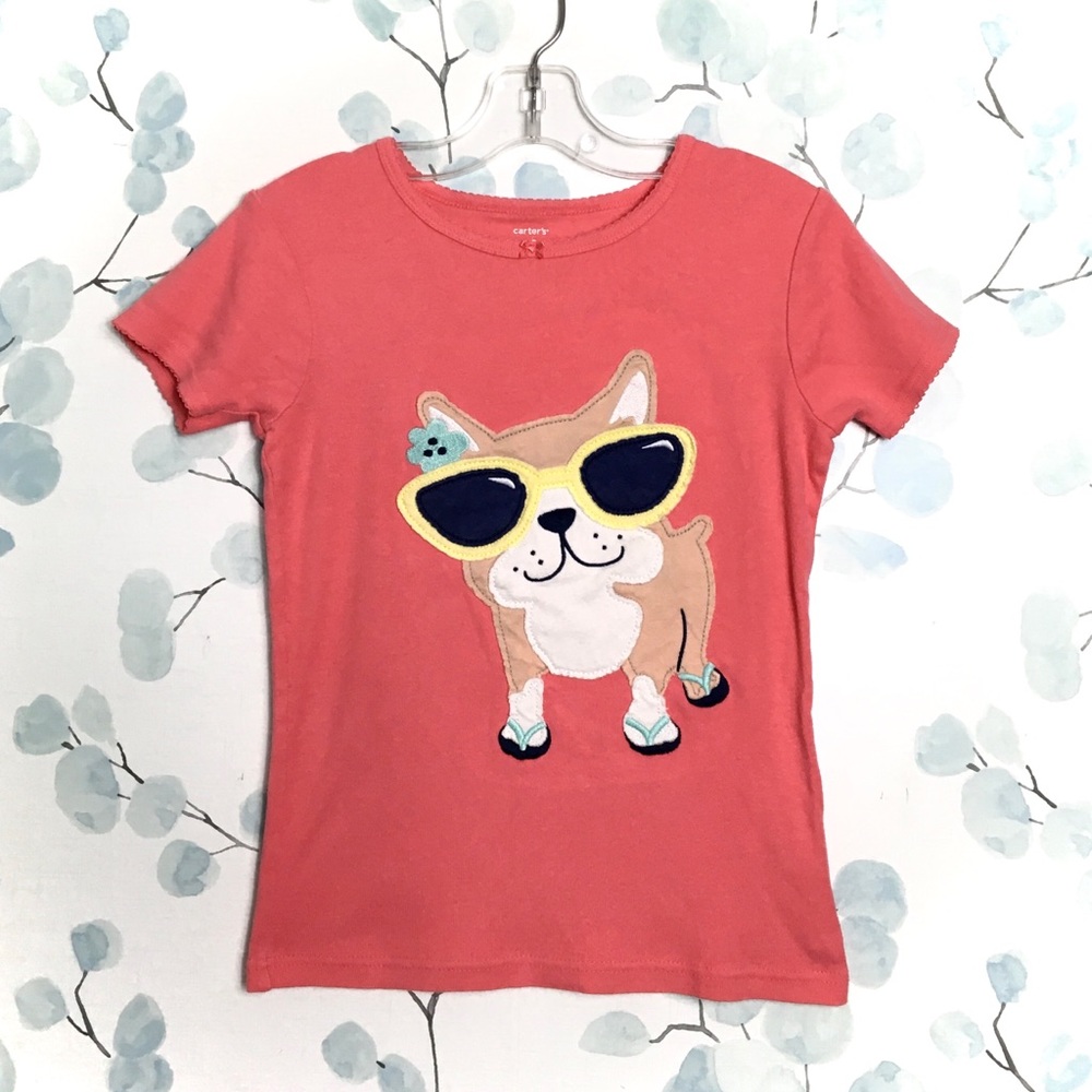 Carter’s Kids Peach Pink Orange Frenchie Dog French Bulldog Appliqué Tee Tshirt